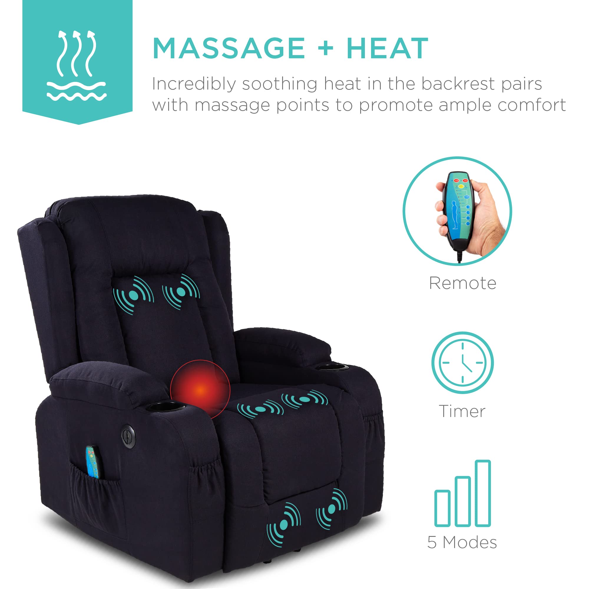 Best Choice Products Modern Linen Electric Power Lift Chair, Recliner Massage Chair, Adjustable Furniture for Back, Legs w/ 3 Positions, USB Port, Heat, Cupholders, Easy-to-Reach Button - Black - Image 5