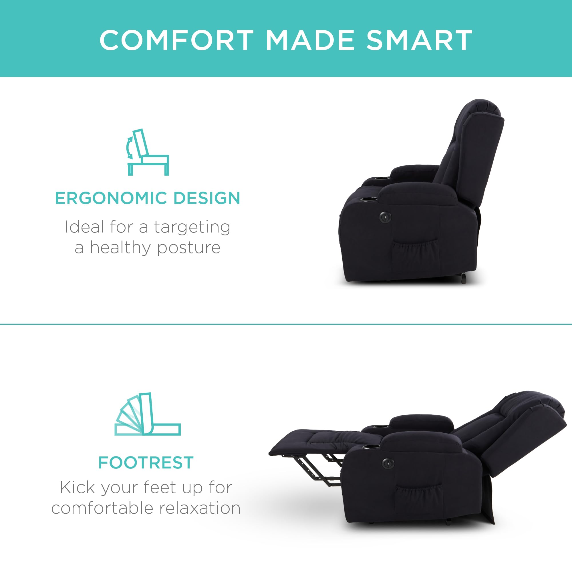 Best Choice Products Modern Linen Electric Power Lift Chair, Recliner Massage Chair, Adjustable Furniture for Back, Legs w/ 3 Positions, USB Port, Heat, Cupholders, Easy-to-Reach Button - Black - Image 7