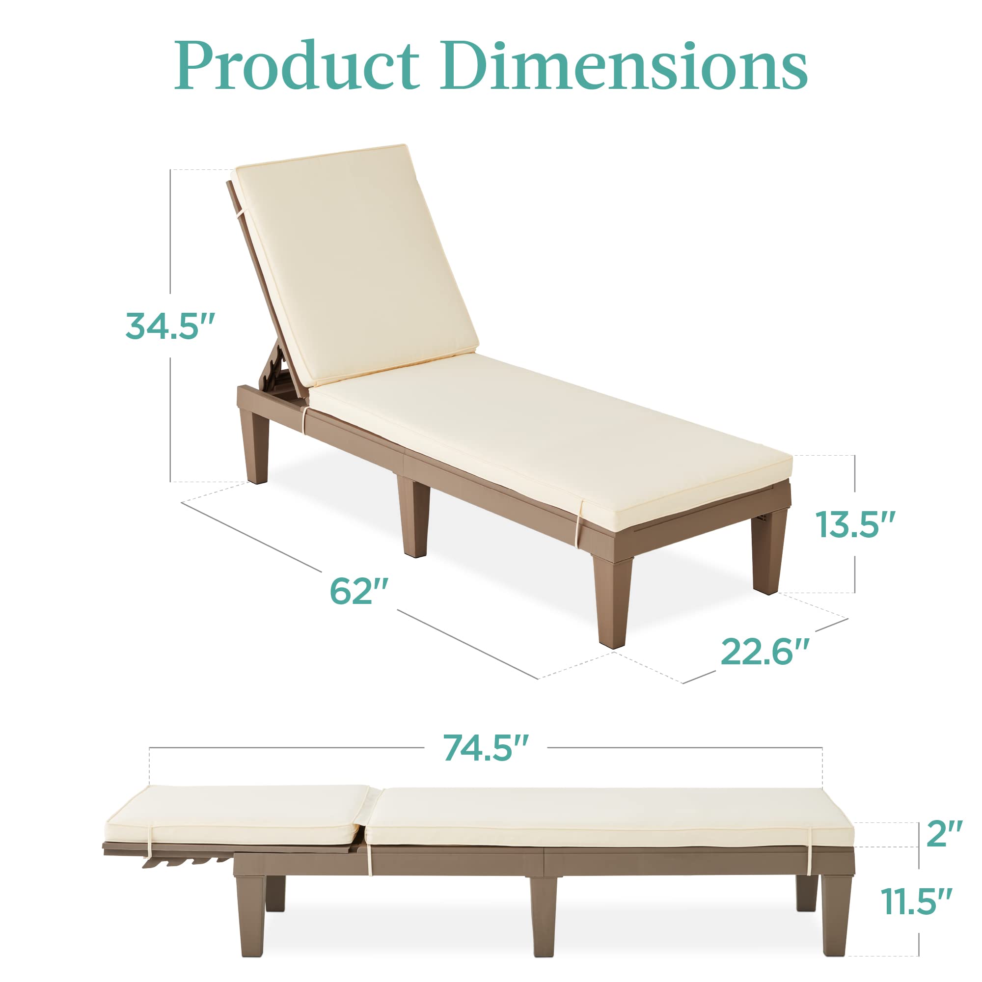 Best Choice Products Outdoor Lounge Chair, Resin Patio Chaise Lounger for Poolside, Backyard, Porch w/Seat Cushion, Adjustable Backrest, 5 Positions, 330lb Capacity - Brown/Ivory - Image 3