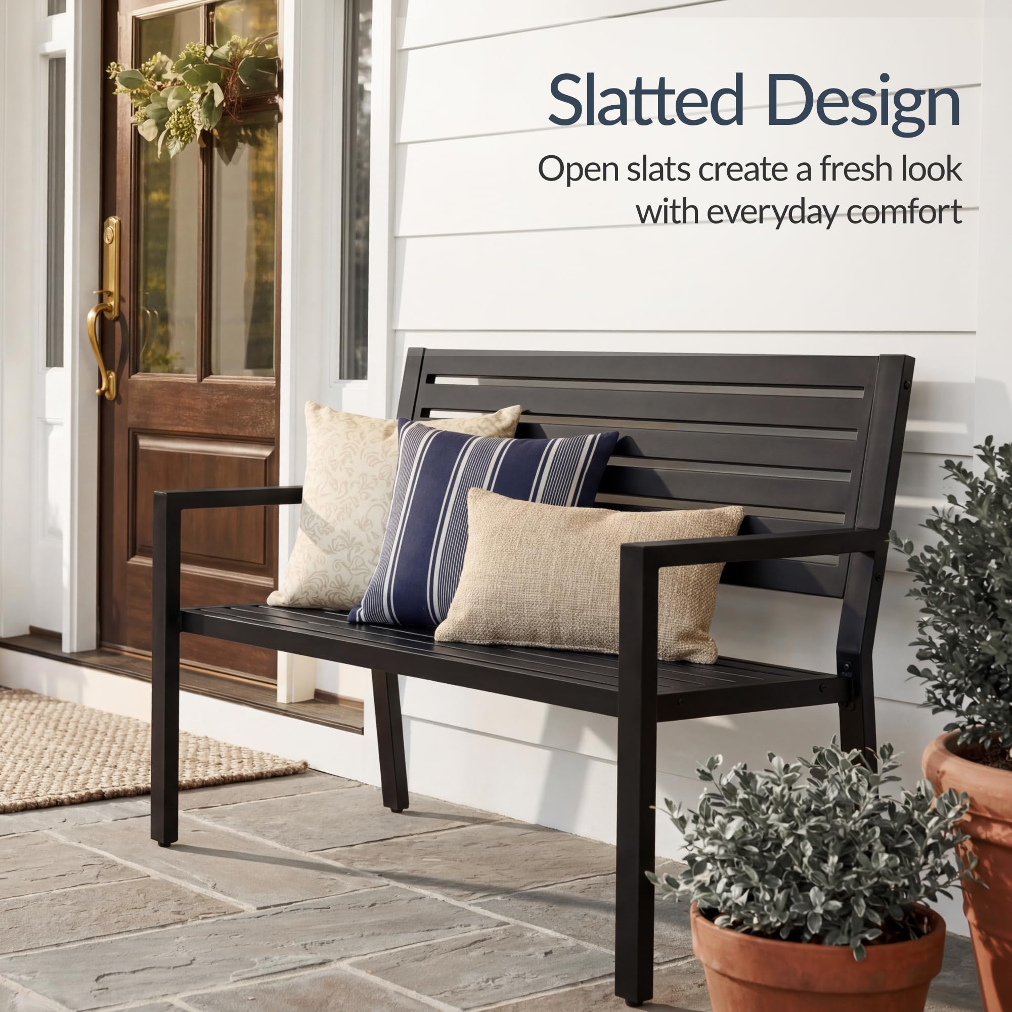Best Choice Products Outdoor Metal Bench Patio Garden Bench, Heavy Duty 790lb Capacity, Steel Slatted Seat Porch Bench with Armrests, Weather Resistant Park Bench - Image 3