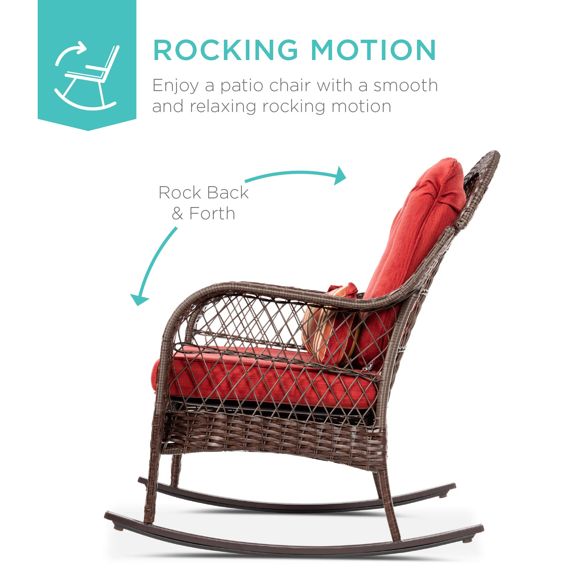 Best Choice Products Outdoor Wicker Patio Rocking Chair for Porch, Deck, Poolside w/Steel Frame, Weather-Resistant Cushions - Red - Image 3