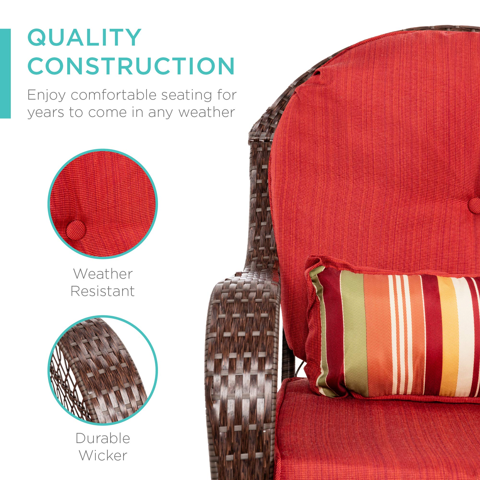 Best Choice Products Outdoor Wicker Patio Rocking Chair for Porch, Deck, Poolside w/Steel Frame, Weather-Resistant Cushions - Red - Image 4