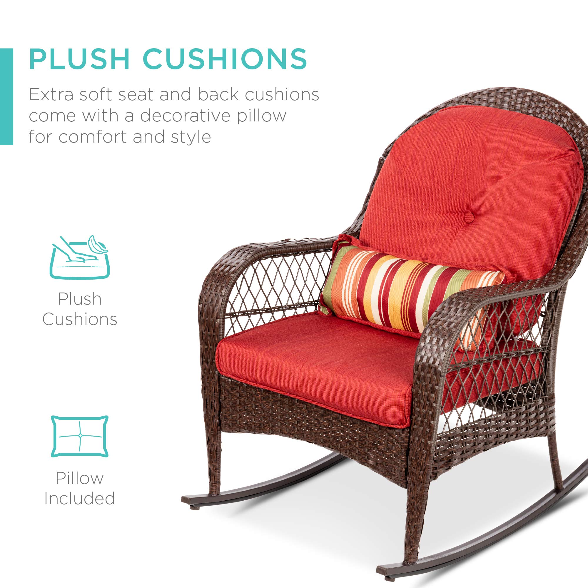 Best Choice Products Outdoor Wicker Patio Rocking Chair for Porch, Deck, Poolside w/Steel Frame, Weather-Resistant Cushions - Red - Image 5
