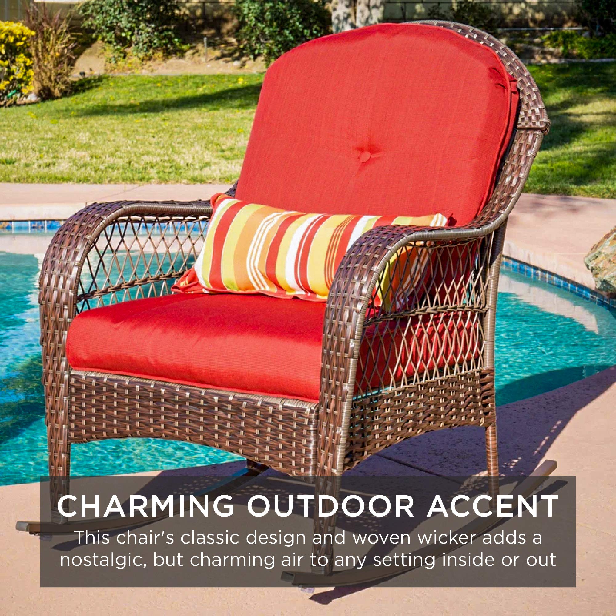 Best Choice Products Outdoor Wicker Patio Rocking Chair for Porch, Deck, Poolside w/Steel Frame, Weather-Resistant Cushions - Red - Image 7