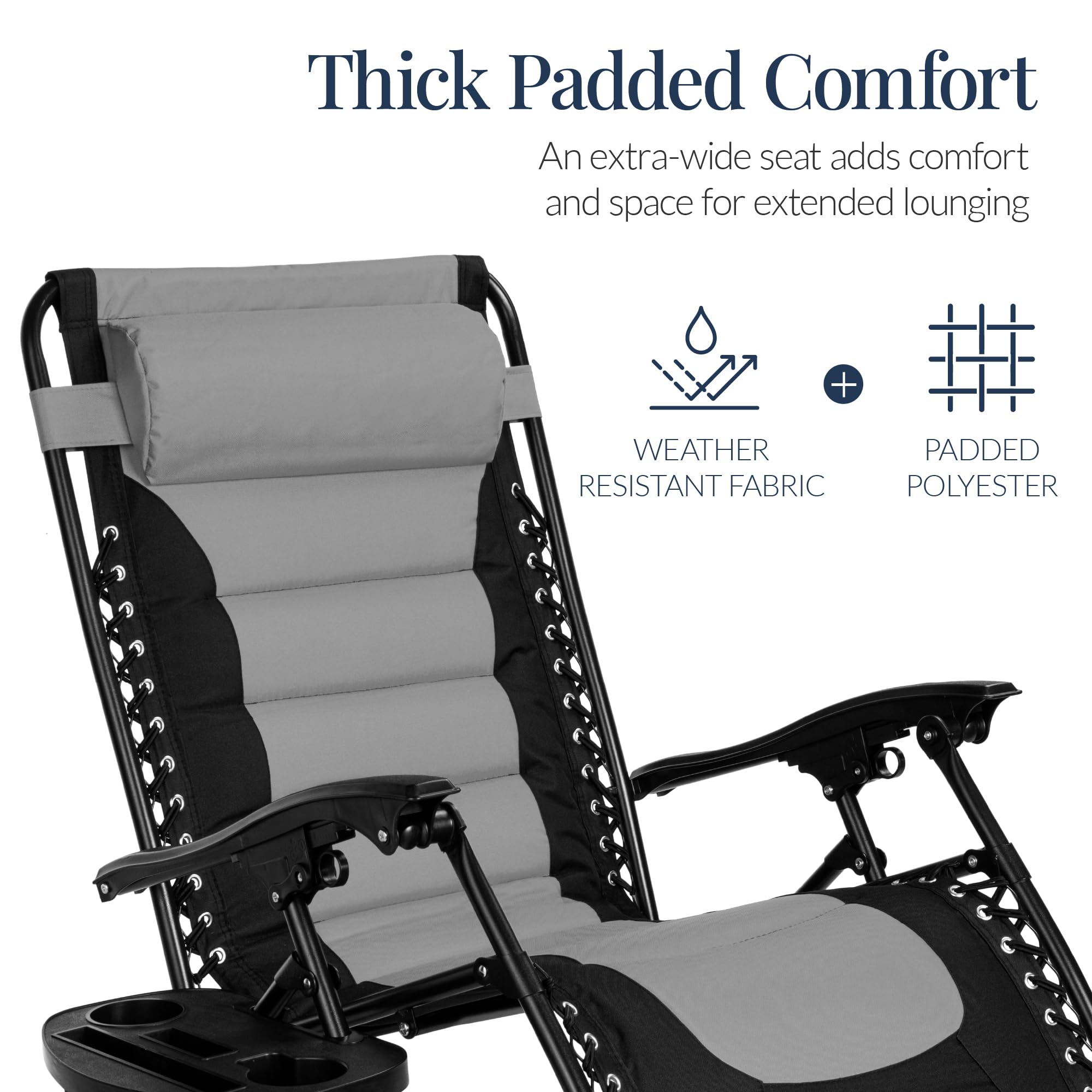 Best Choice Products Oversized Padded Zero Gravity Chair, Folding Outdoor Patio Recliner, XL Anti Gravity Lounger for Backyard w/Headrest, Cup Holder, Side Tray, Polyester Mesh - Gray - Image 5