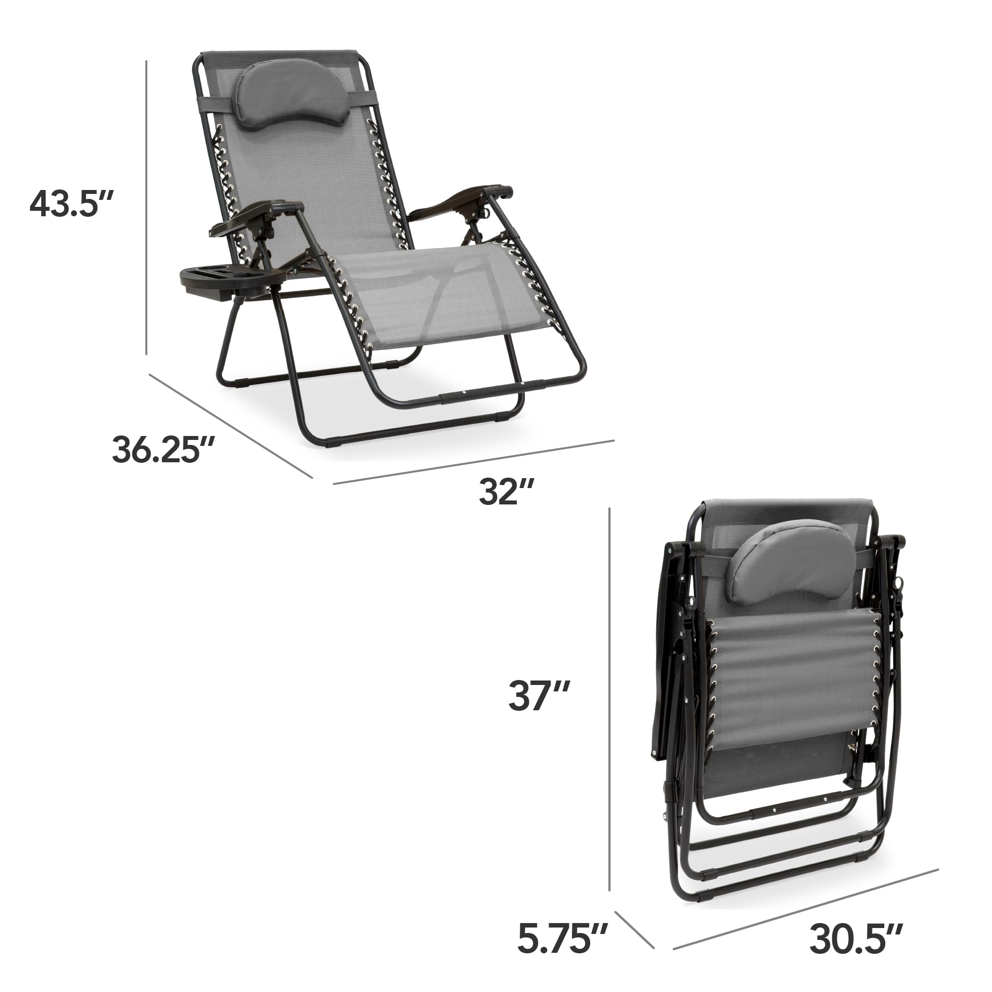 Best Choice Products Oversized Zero Gravity Chair, Folding Outdoor Patio Lounge Recliner w/Cup Holder Accessory Tray, Pillow - Gray - Image 3