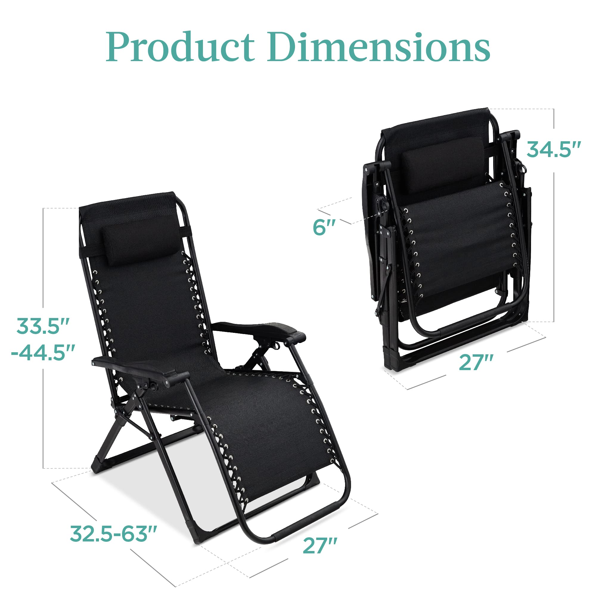 Best Choice Products Oversized Zero Gravity Chair, Folding Outdoor Patio Recliner, XL Anti Gravity Lounger w/Removable Cushion, Cup Holder, Side Tray, 350lb Capacity - Onyx Black - Image 3