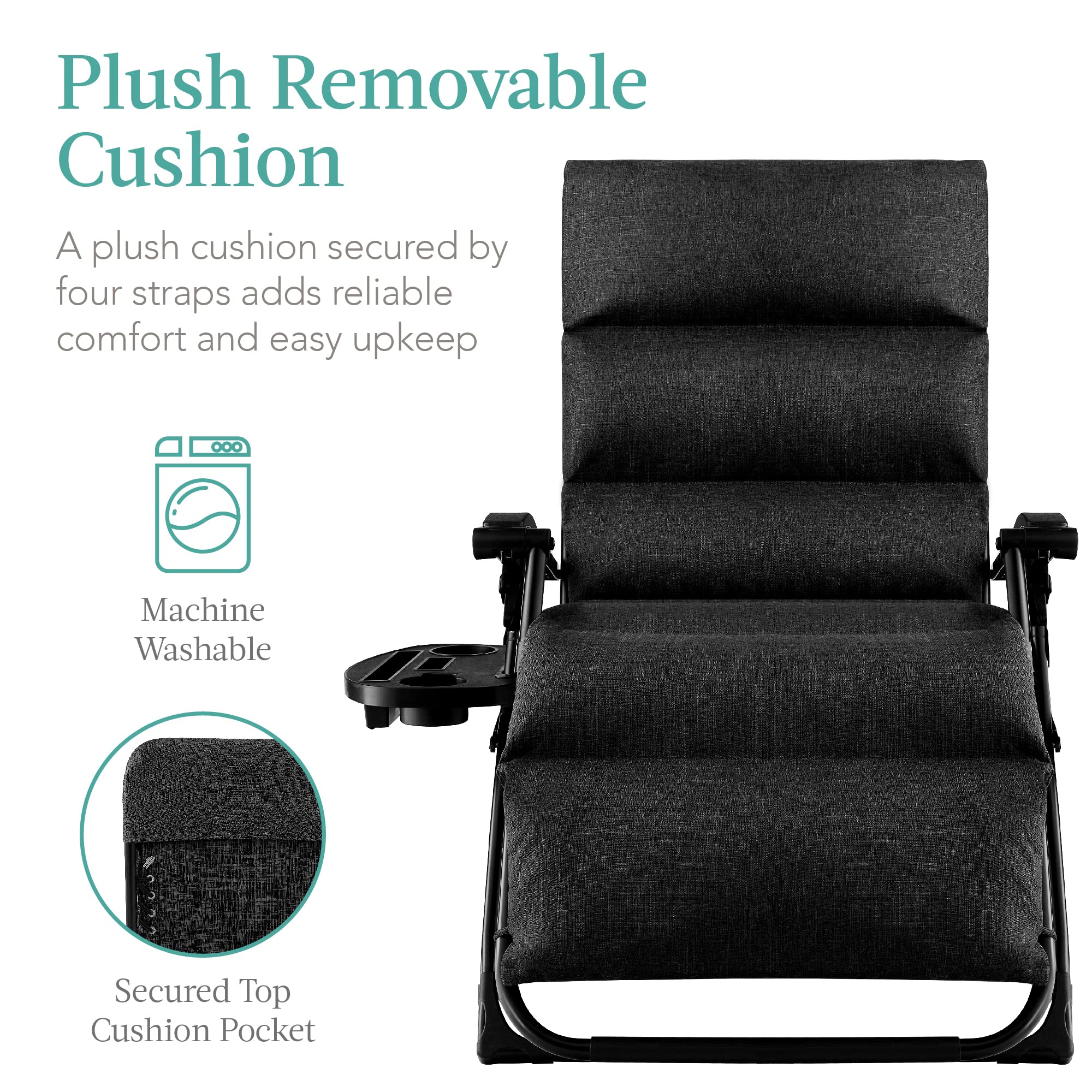 Best Choice Products Oversized Zero Gravity Chair, Folding Outdoor Patio Recliner, XL Anti Gravity Lounger w/Removable Cushion, Cup Holder, Side Tray, 350lb Capacity - Onyx Black - Image 4