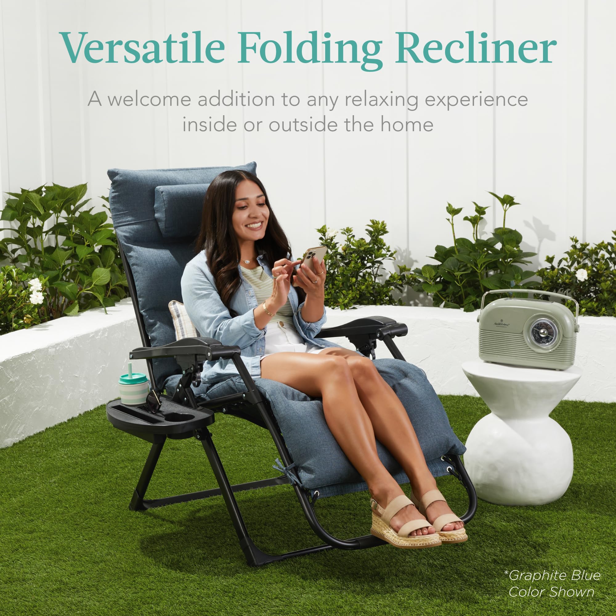 Best Choice Products Oversized Zero Gravity Chair, Folding Outdoor Patio Recliner, XL Anti Gravity Lounger w/Removable Cushion, Cup Holder, Side Tray, 350lb Capacity - Onyx Black - Image 9