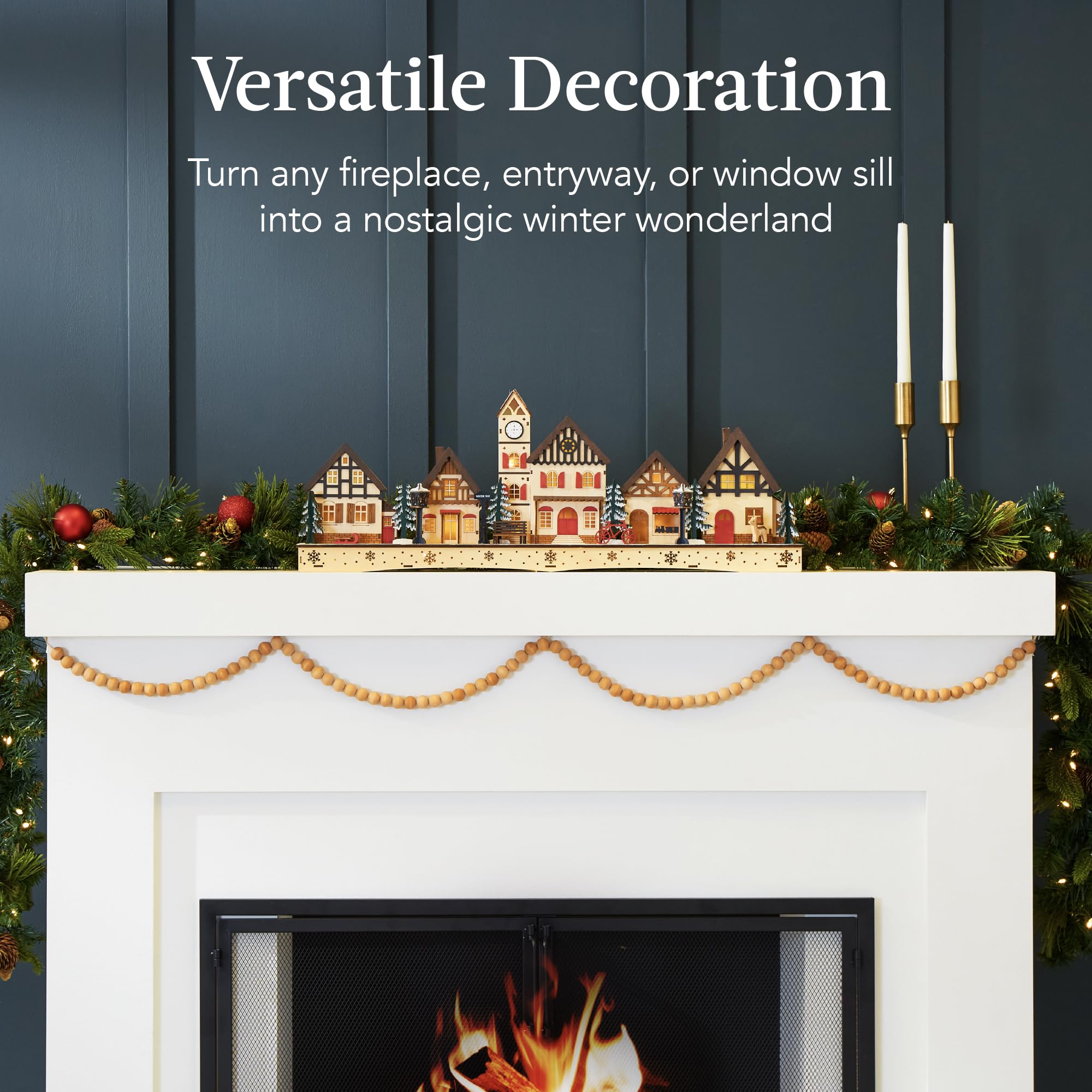 Best Choice Products Pre-Lit Wooden Christmas Village, Winter Mantel Decor, Traditional Holiday Decoration for Home, Living Room, Entryway w/LED Lights, Plug-in/Battery-Powered w/Timer - Image 6
