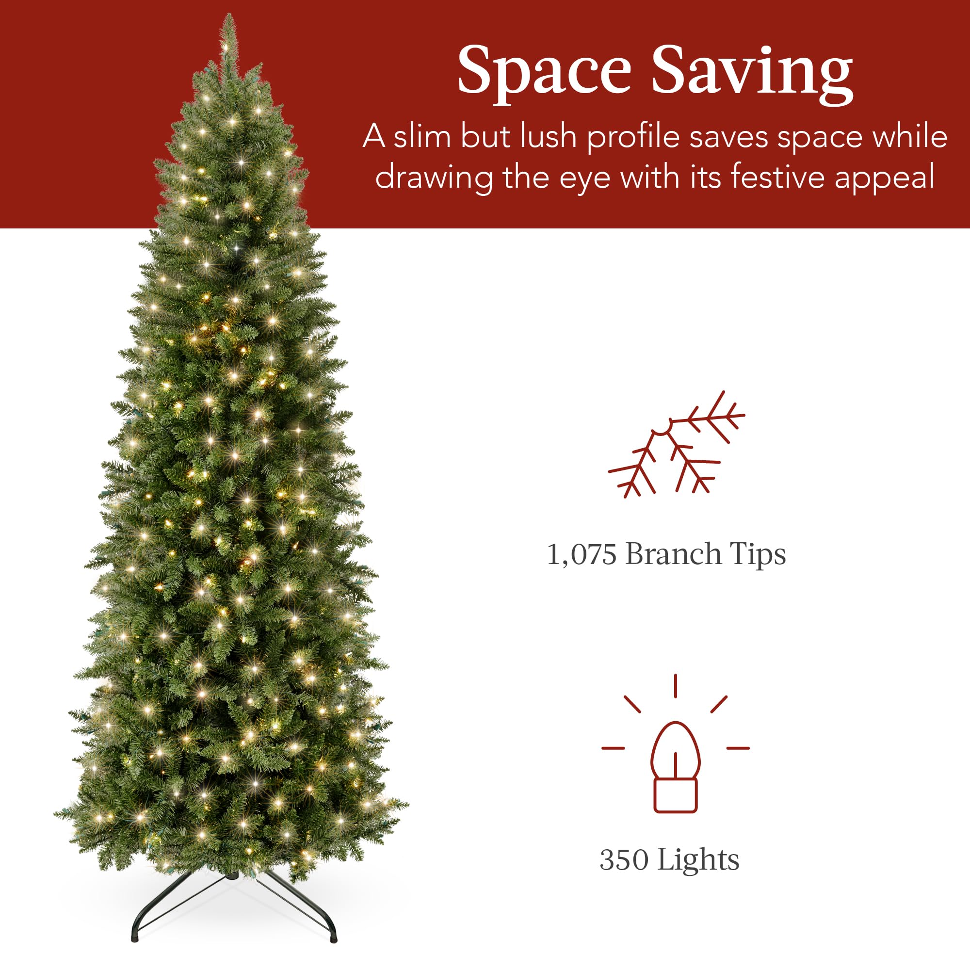 Best Choice Products Prelit Pencil Christmas Tree, 7.5ft Premium Artificial Tree, Realistic Lighted Spruce Holiday Decor w/Warm White Lights, Base - Image 5