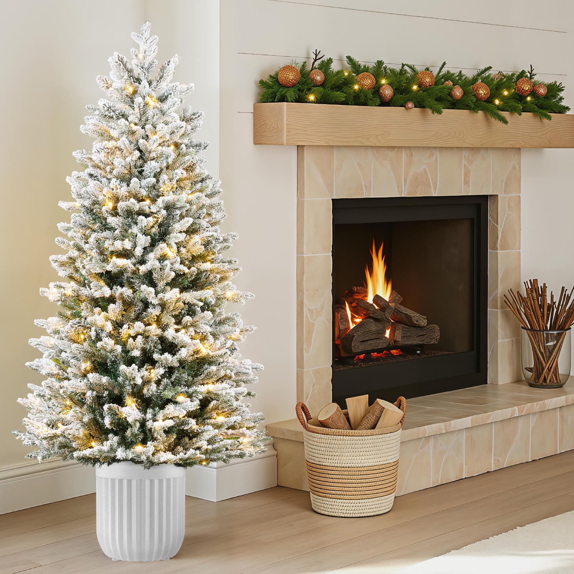 Best Choice Products Prelit Potted Pencil Christmas Tree, 4.5Ft Flocked Realistic Artificial Lighted Holiday Décor, 175 Twinkling LEDs for Home, Porch - Image 8