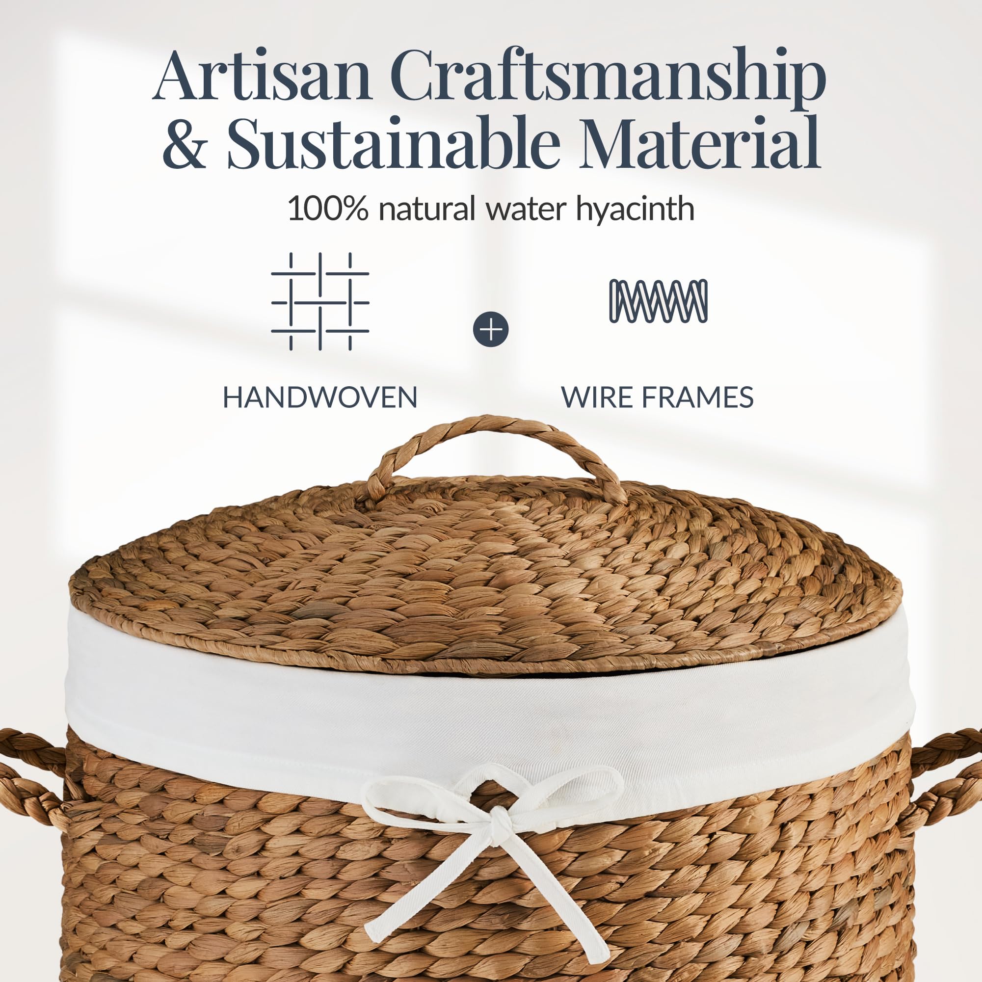 Best Choice Products Round Laundry Hamper w/Lid, Handwoven Laundry Basket, Built-in Handles & Removable Liner for Clothes, Towels, Blanket & Storage Organization - Chestnut - Image 3