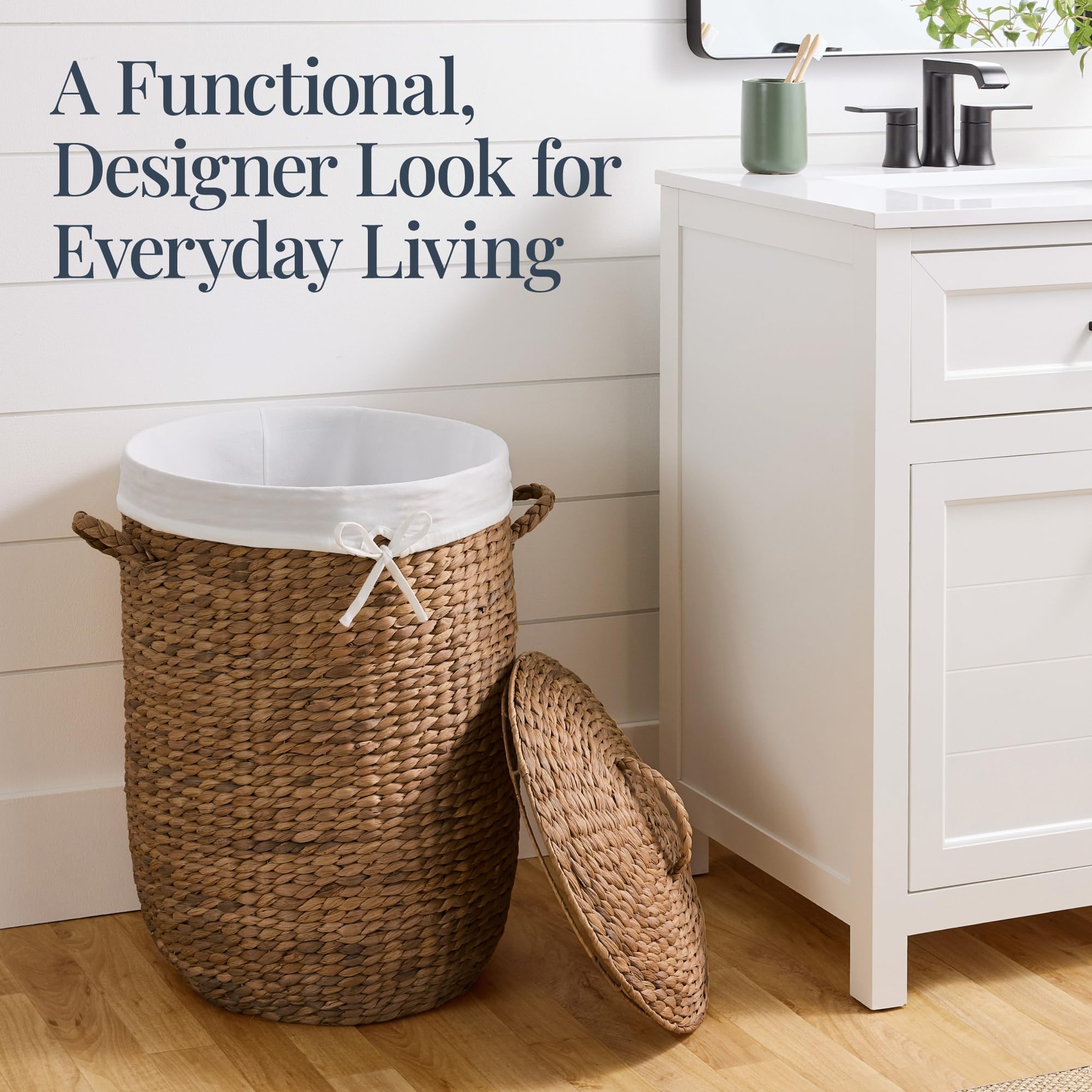 Best Choice Products Round Laundry Hamper w/Lid, Handwoven Laundry Basket, Built-in Handles & Removable Liner for Clothes, Towels, Blanket & Storage Organization - Chestnut - Image 4