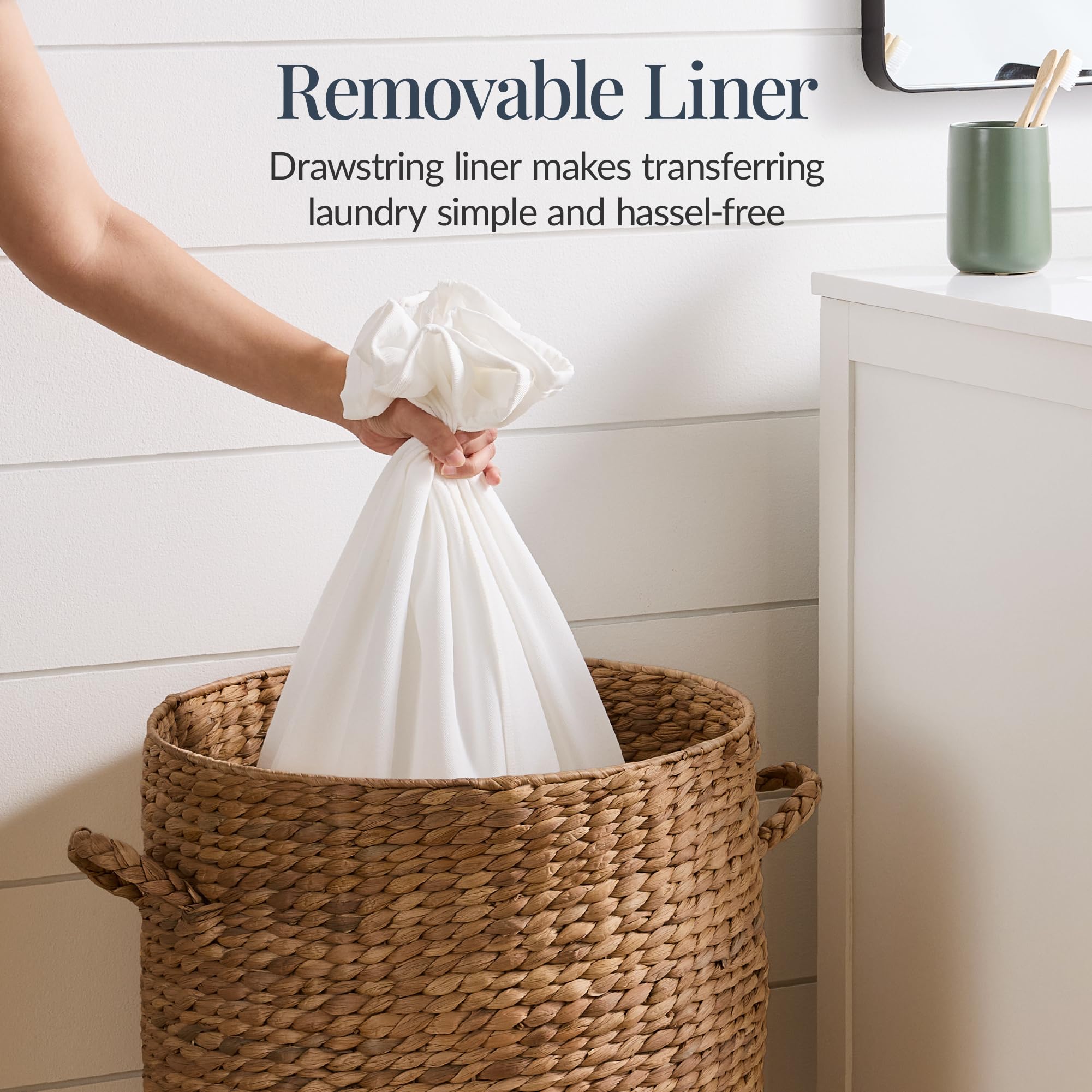 Best Choice Products Round Laundry Hamper w/Lid, Handwoven Laundry Basket, Built-in Handles & Removable Liner for Clothes, Towels, Blanket & Storage Organization - Chestnut - Image 5