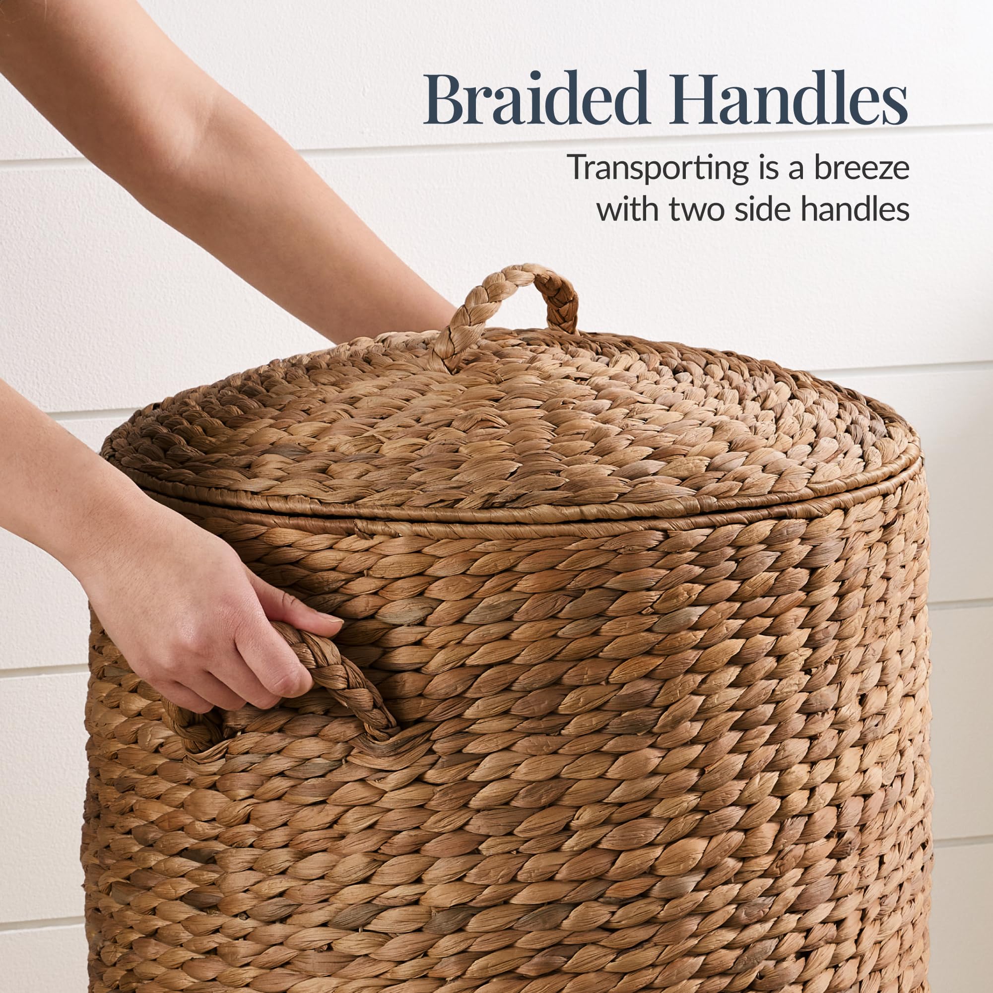 Best Choice Products Round Laundry Hamper w/Lid, Handwoven Laundry Basket, Built-in Handles & Removable Liner for Clothes, Towels, Blanket & Storage Organization - Chestnut - Image 6