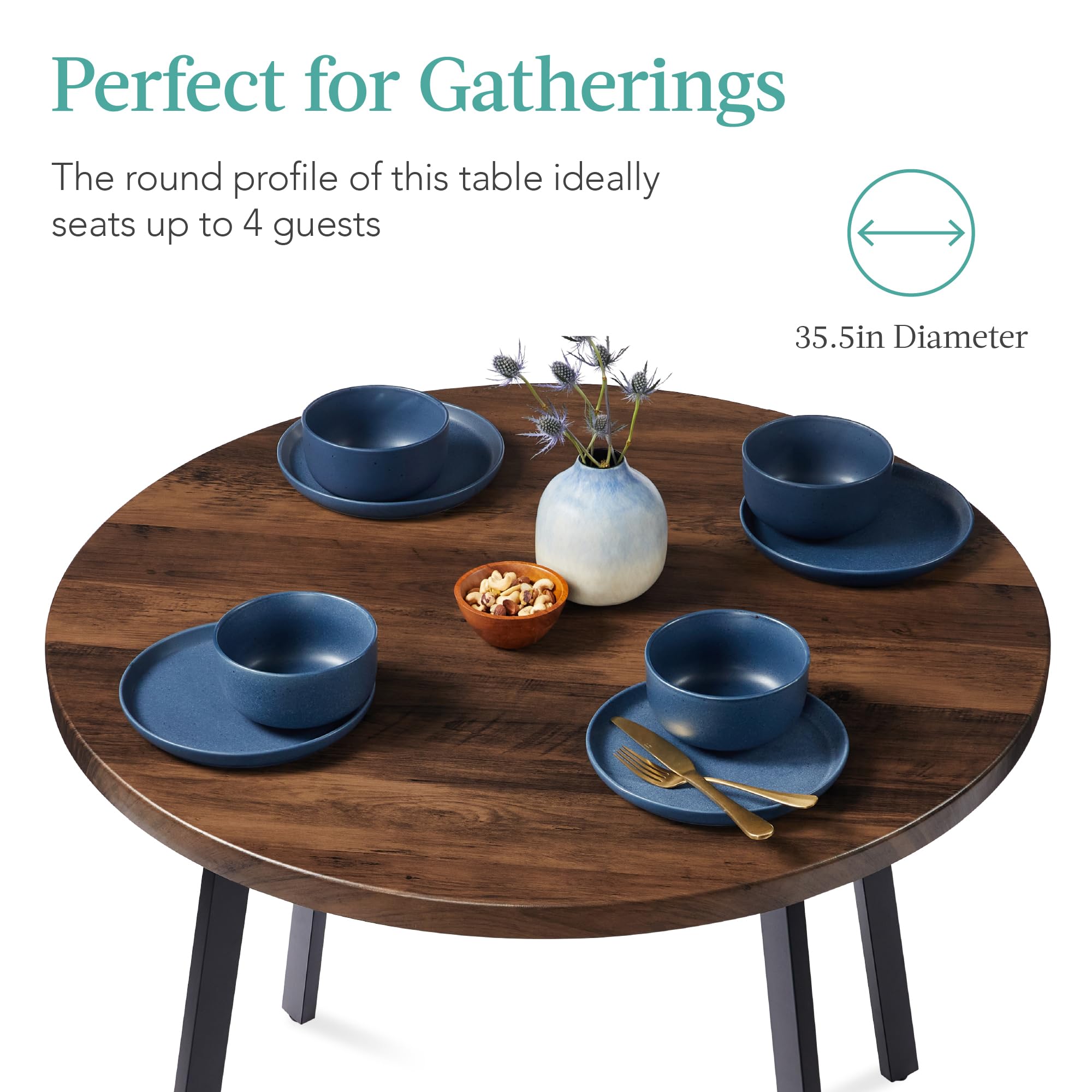 Best Choice Products Round Mid-Century Modern 35.5in Dining Table, Space-Saving Dinette for Home, Kitchen, Apartment w/Steel Legs - Dark Brown - Image 4