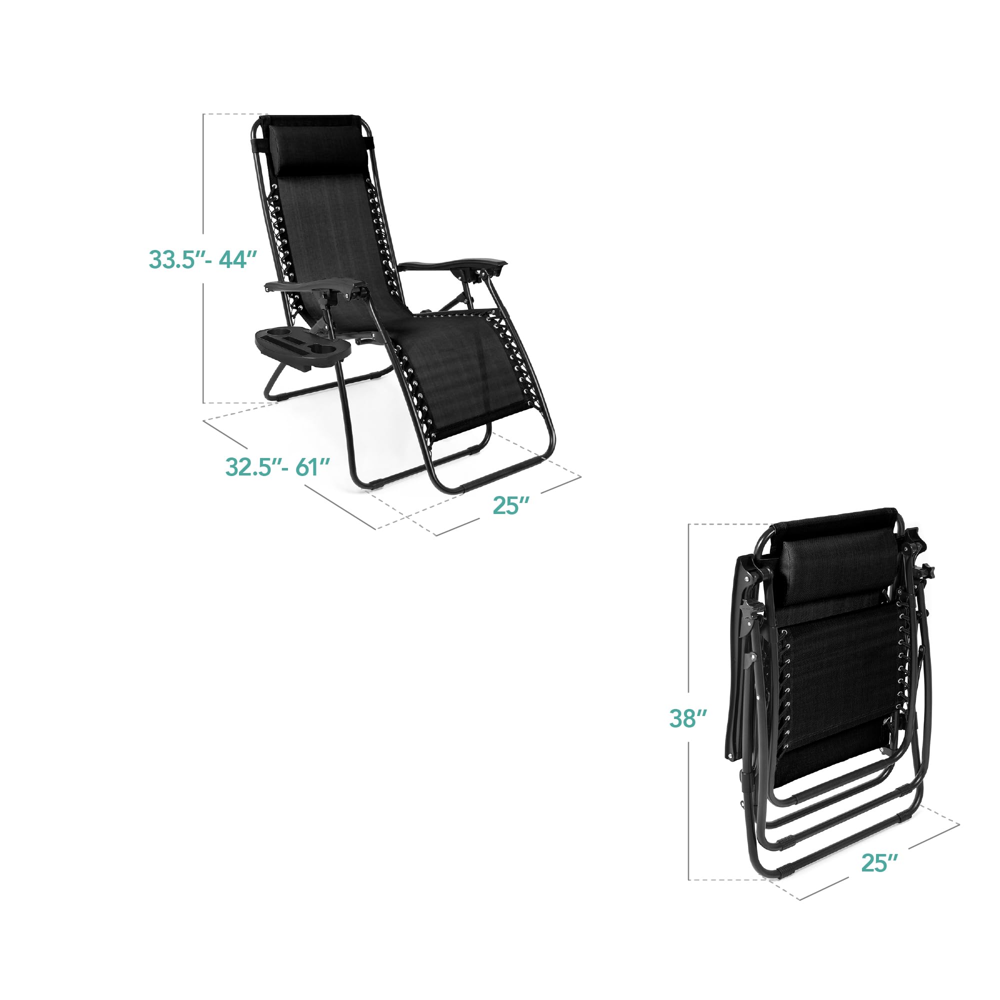 Best Choice Products Set of 2 Adjustable Steel Mesh Zero Gravity Lounge Chair Recliners w/Pillows and Cup Holder Trays - Black - Image 3