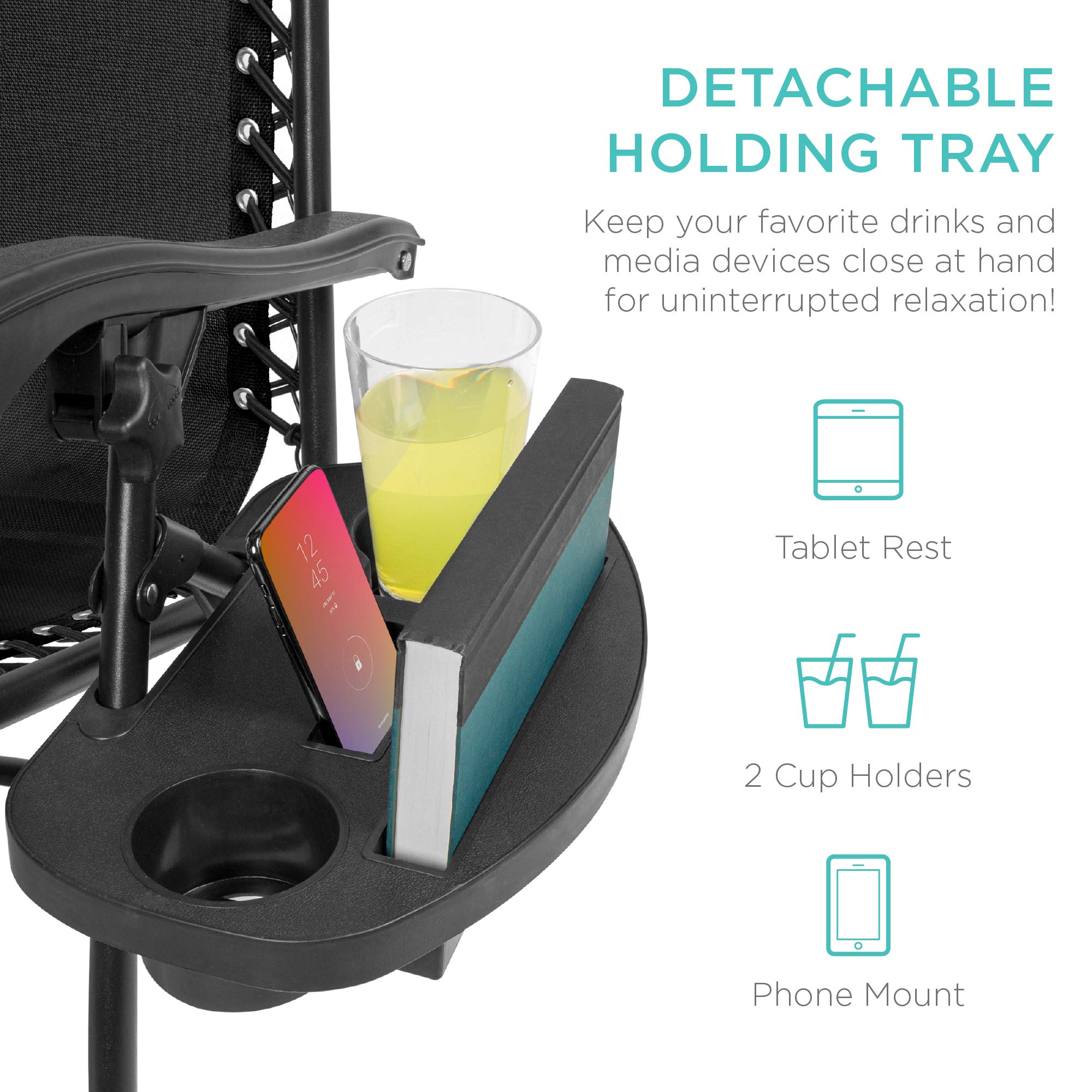 Best Choice Products Set of 2 Adjustable Steel Mesh Zero Gravity Lounge Chair Recliners w/Pillows and Cup Holder Trays - Black - Image 7