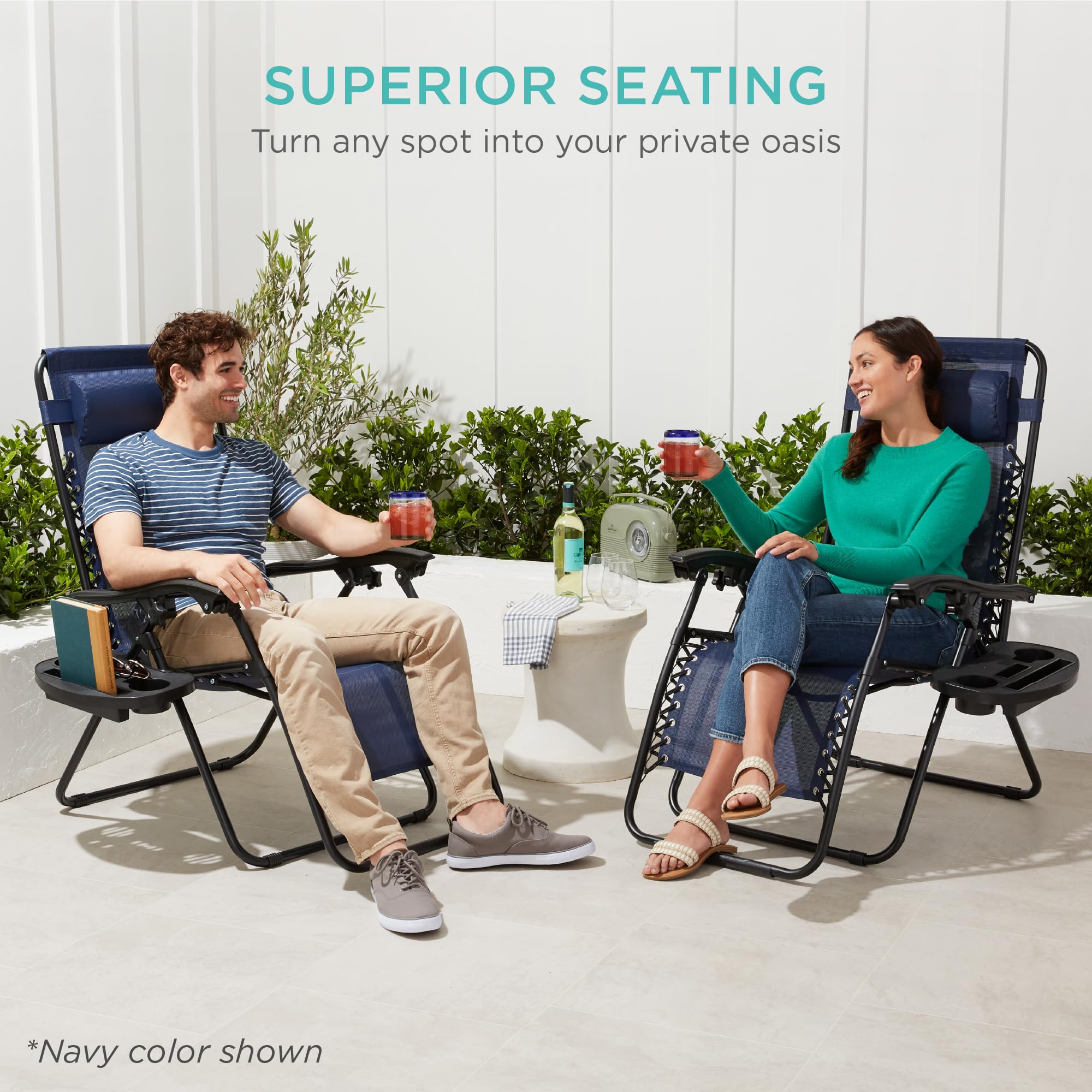 Best Choice Products Set of 2 Adjustable Steel Mesh Zero Gravity Lounge Chair Recliners w/Pillows and Cup Holder Trays - Black - Image 9
