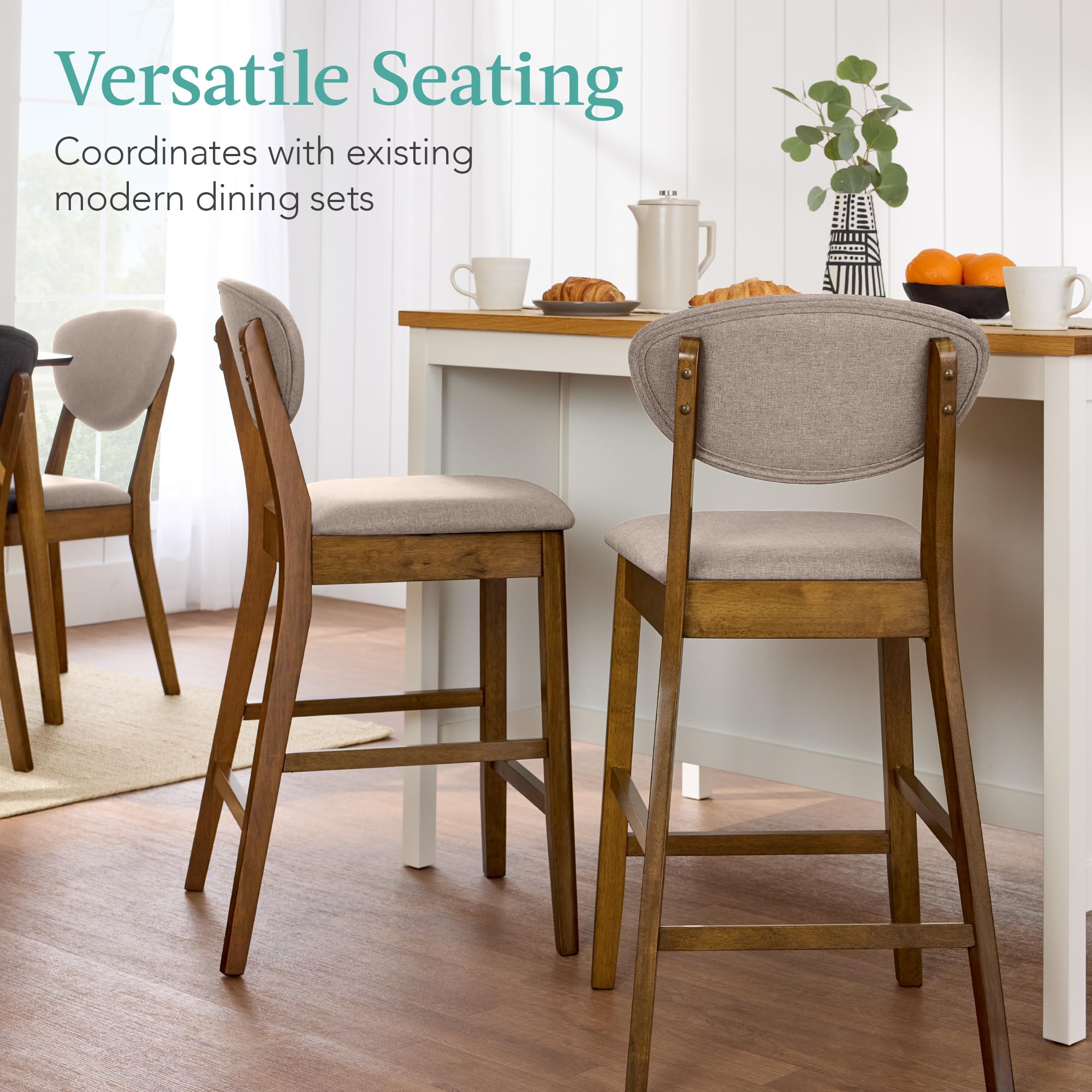 Best Choice Products Set of 2 Counter-Height Bar Stools, Mid-Century Modern, Armless Wood Stools W/Upholstered Seat Cushion & Backrest for Kitchen Island or Dining Room Bar - Walnut/Gray - Image 4