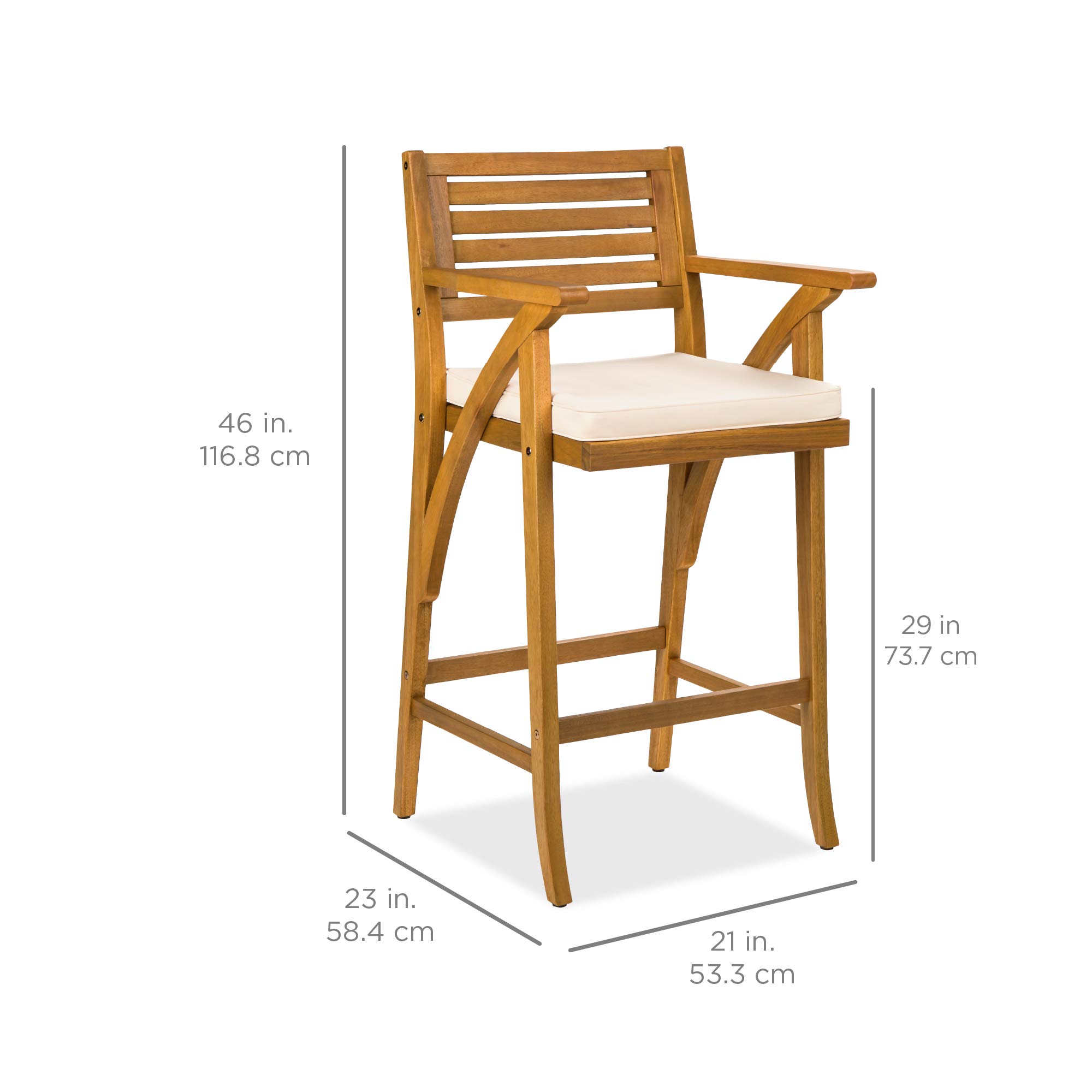 Best Choice Products Set of 2 Outdoor Acacia Wood Bar Stools Bar Chairs for Patio, Pool, Garden w/Weather-Resistant Cushions - Cream - Image 3