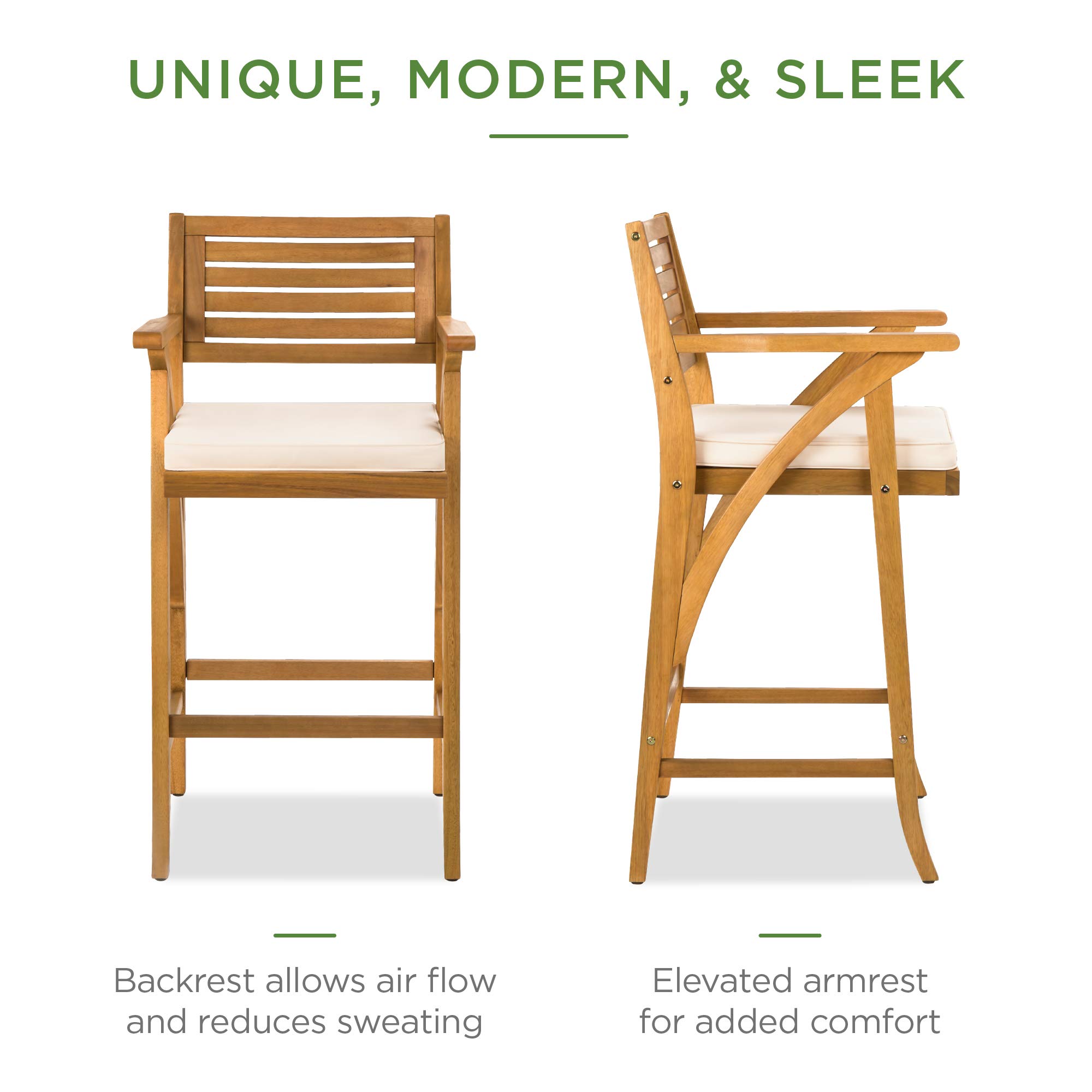 Best Choice Products Set of 2 Outdoor Acacia Wood Bar Stools Bar Chairs for Patio, Pool, Garden w/Weather-Resistant Cushions - Cream - Image 4