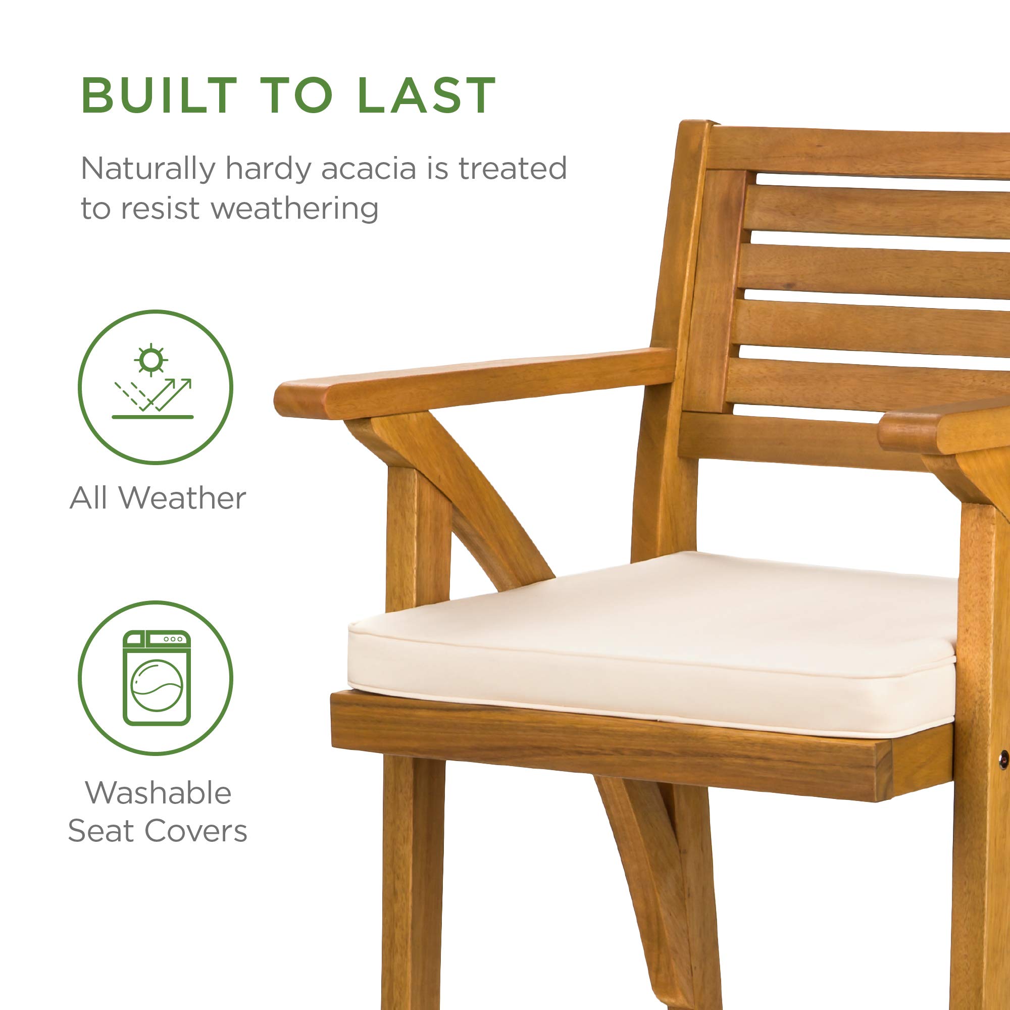 Best Choice Products Set of 2 Outdoor Acacia Wood Bar Stools Bar Chairs for Patio, Pool, Garden w/Weather-Resistant Cushions - Cream - Image 6