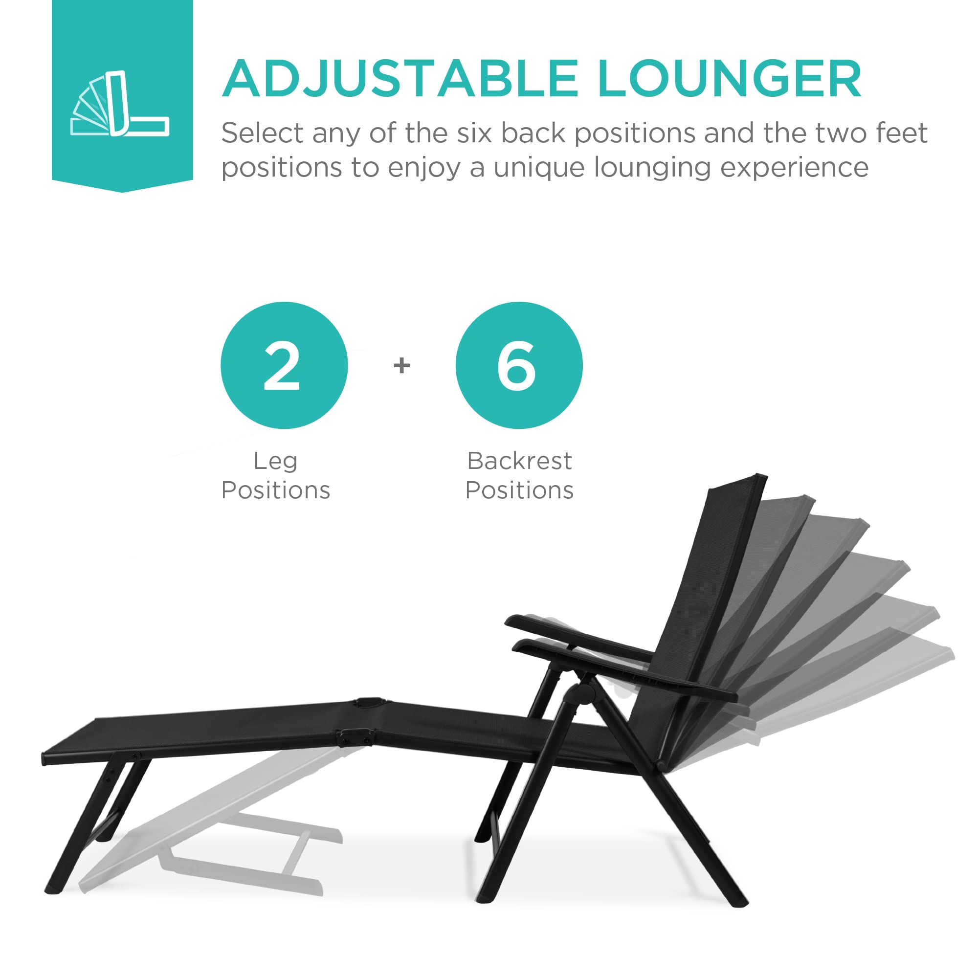 Best Choice Products Set of 2 Outdoor Patio Chaise Lounge Chair Adjustable Reclining Folding Pool Lounger for Poolside, Deck, Backyard w/Steel Frame, 250lb Weight Capacity - Black - Image 3