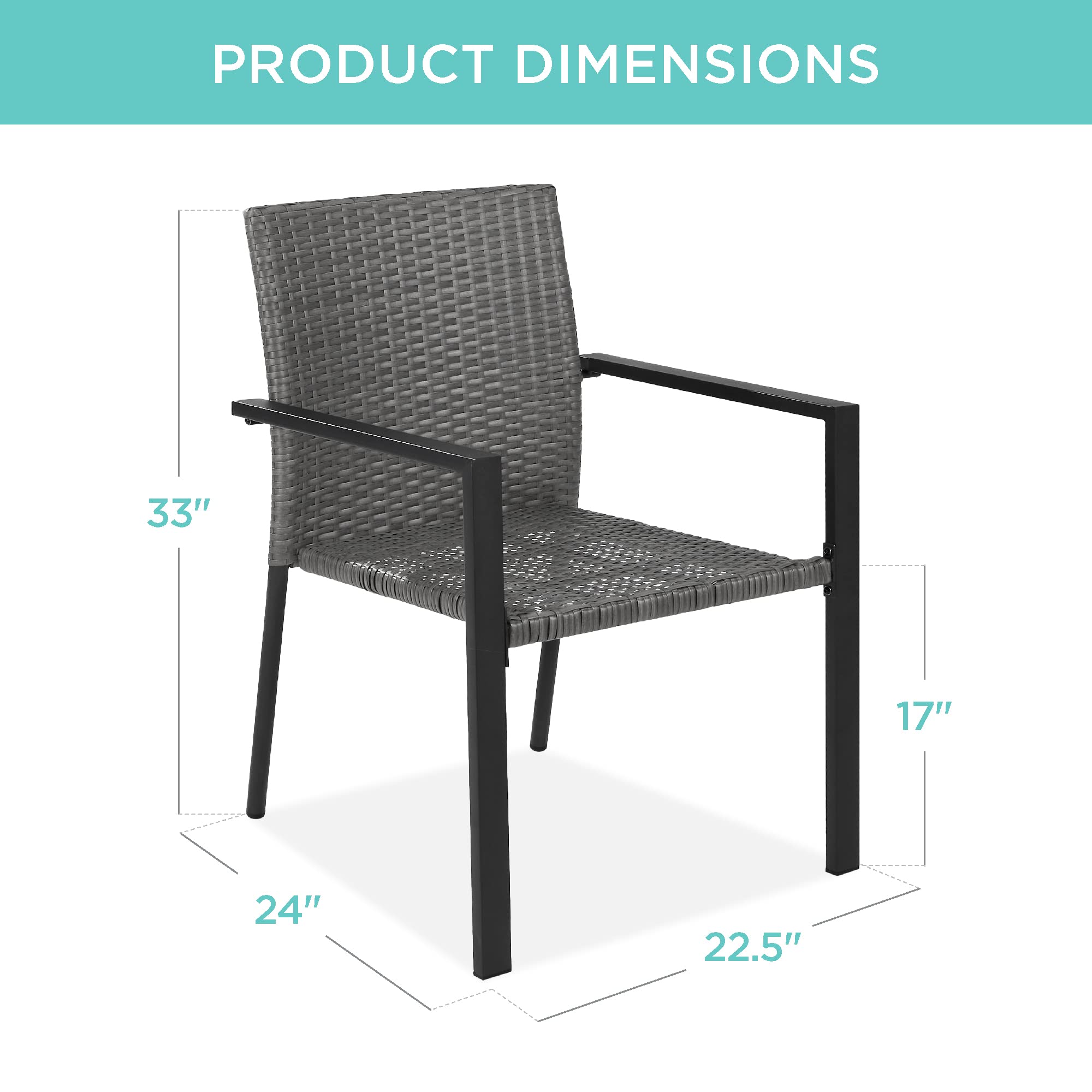 Best Choice Products Set of 2 Stackable Outdoor Wicker Dining Chairs All-Weather Firepit Armchair w/Armrests, Steel Frame for Patio, Deck, Garden, Yard - Gray - Image 3