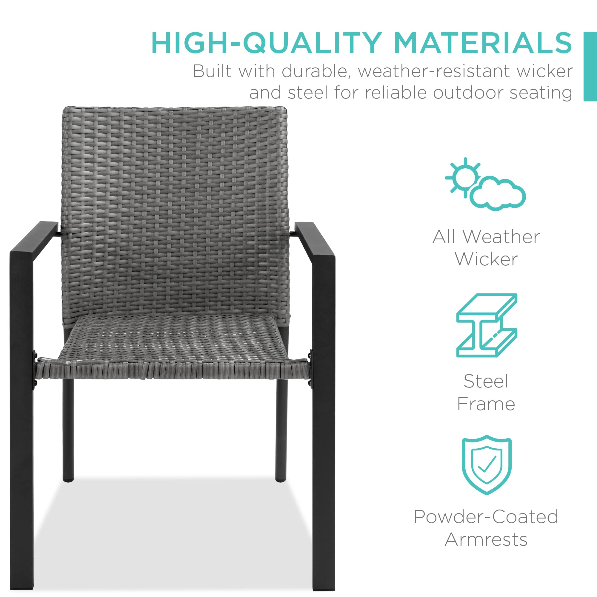 Best Choice Products Set of 2 Stackable Outdoor Wicker Dining Chairs All-Weather Firepit Armchair w/Armrests, Steel Frame for Patio, Deck, Garden, Yard - Gray - Image 4