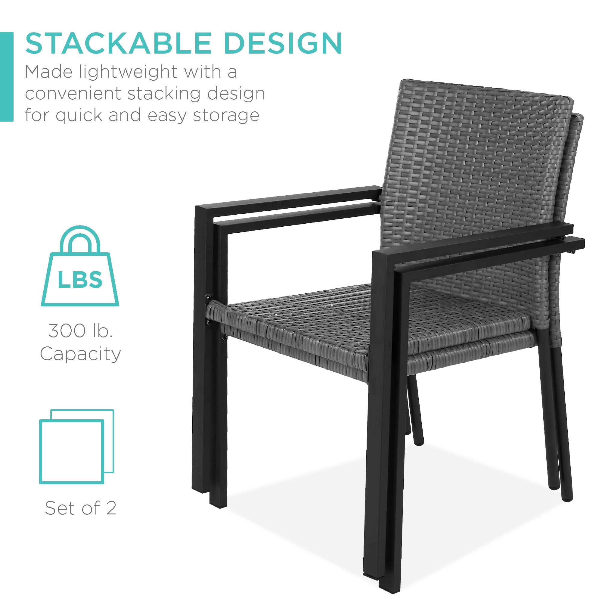 Best Choice Products Set of 2 Stackable Outdoor Wicker Dining Chairs All-Weather Firepit Armchair w/Armrests, Steel Frame for Patio, Deck, Garden, Yard - Gray - Image 5