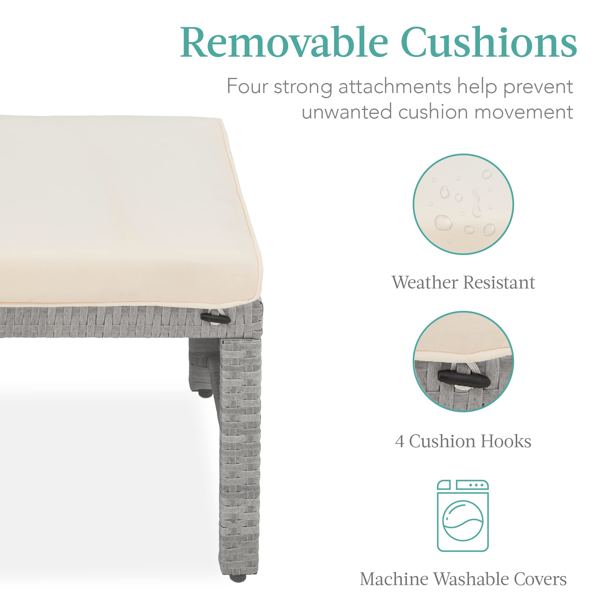 Best Choice Products Set of 2 Wicker Ottomans, Multipurpose Outdoor Furniture for Patio, Backyard, Additional Seating, Footrest, Side Table w/Removable Cushions, Steel Frame - Gray/Cream - Image 6