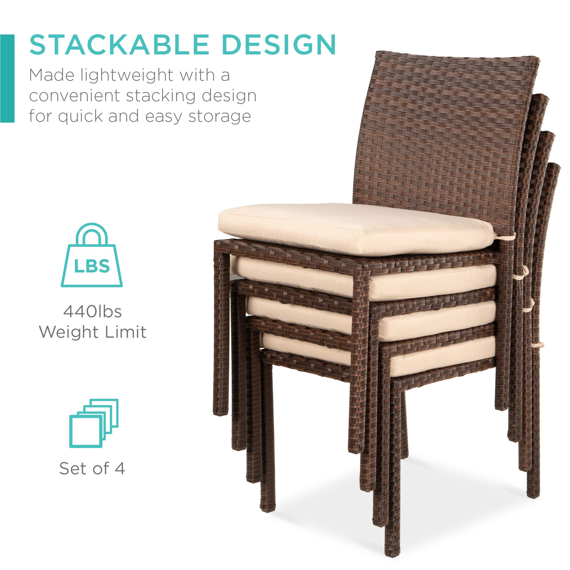 Best Choice Products Set of 4 Stackable Outdoor Patio Wicker Chairs w/Cushions, UV-Resistant Finish, and Steel Frame - Brown/Cream - Image 5
