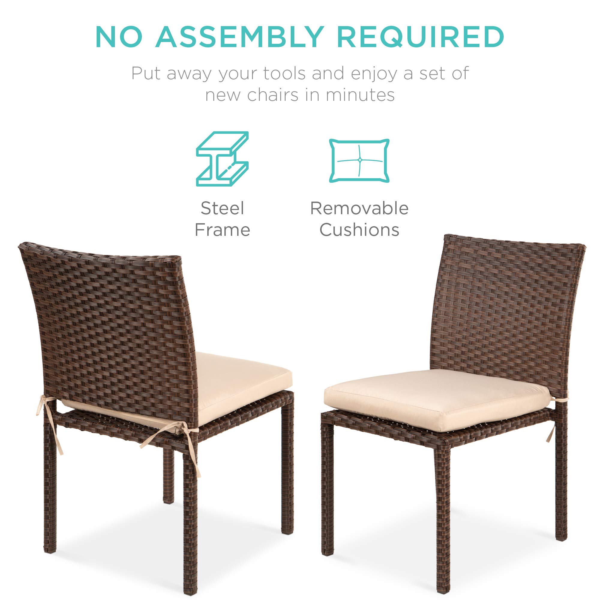 Best Choice Products Set of 4 Stackable Outdoor Patio Wicker Chairs w/Cushions, UV-Resistant Finish, and Steel Frame - Brown/Cream - Image 6